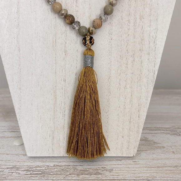 Handmade Beaded Necklace with Mustard Tassel - Picture 2 of 7